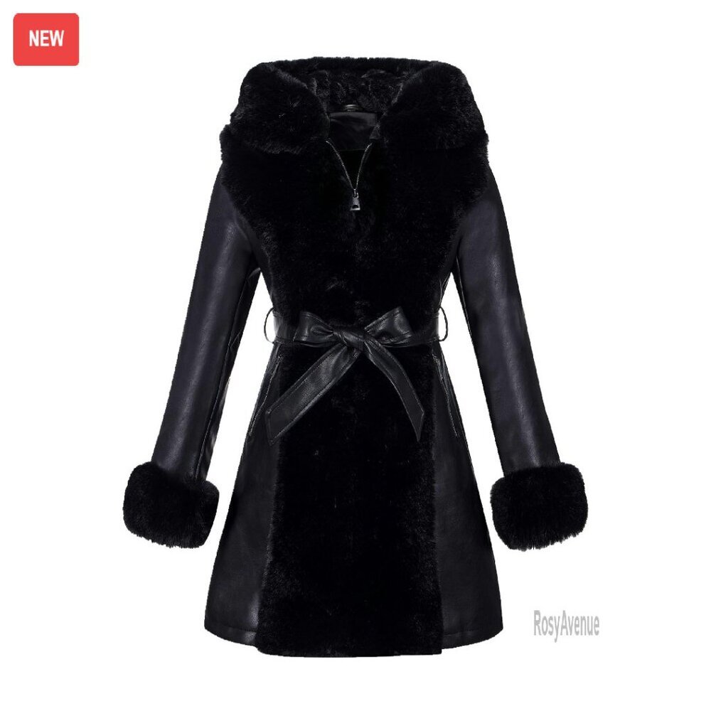 Faux Fur Lined Leather Jacket With Hood, Belted Winter Coat